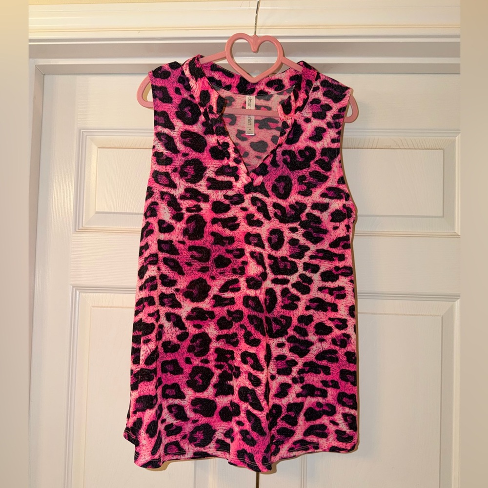 Sleeveless Pink Leopard Print V-Neck Blouse